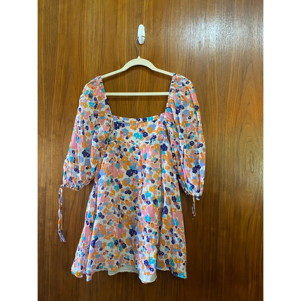 Amanda Uprichard Floral Mini Dress Square Neck Puff Sleeve Multi Color Small